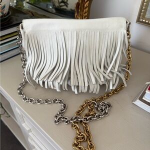 Proenza Schouler White Fringe Leather Crossbody Bag with Mixed Metal Chain